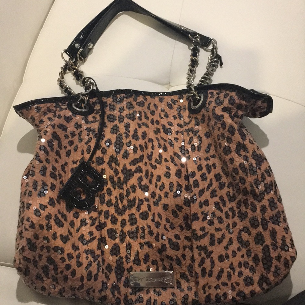 Betsy Johnson sequin leopard print handbag;